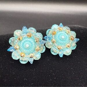 Vintage West Germany Signed 1950s Blue Cluster Earrings - Clip On